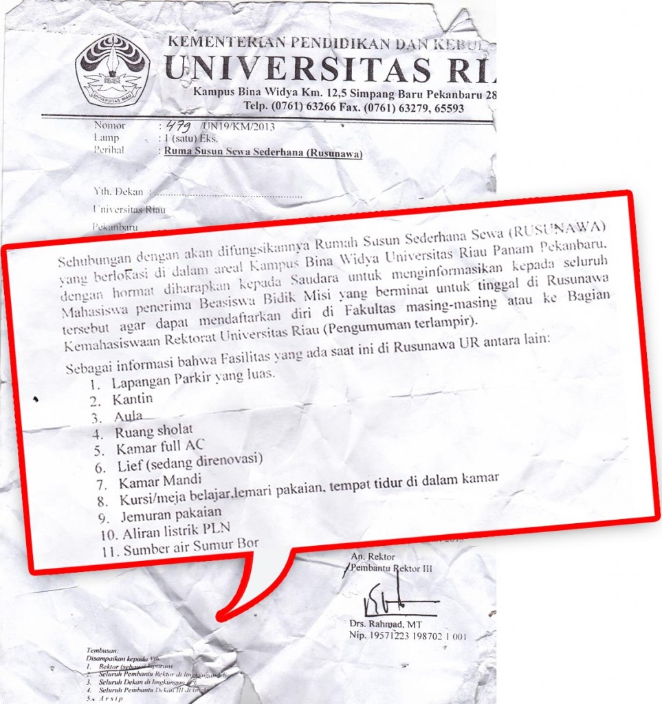 Surat pemberitahuan penempatan Rusunawa oleh Rahmat, MT, PR III UR