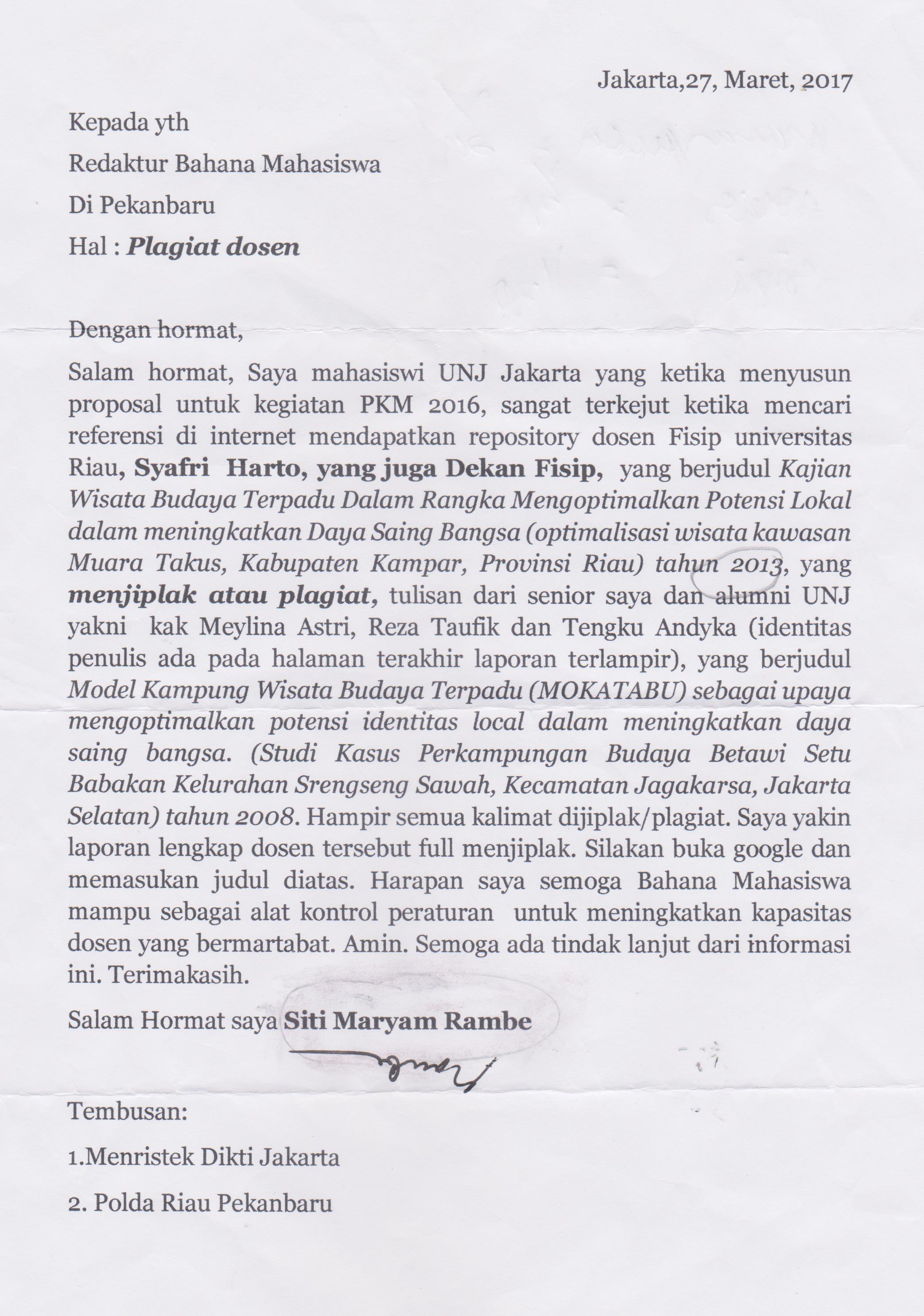 Surat kiriman Siti Maryam Rambe