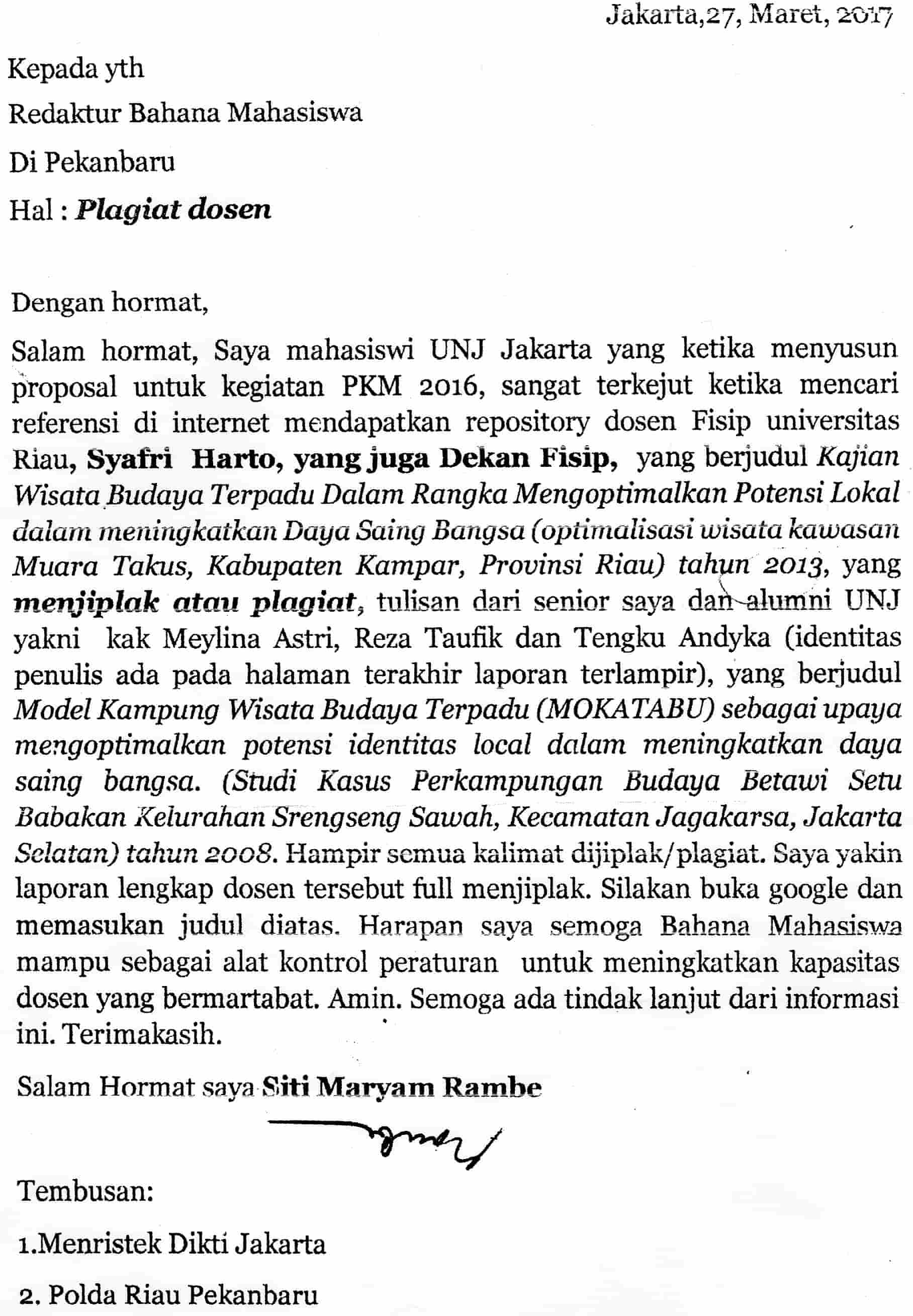 Surat dengan tujuan Kantor Redaksi Bahana Mahasiswa, Maret 2017