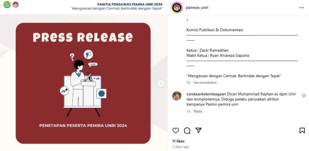 Tangkapan layar komentar akun @candaankelembagaan pada akun panwas/Dok. Najha Nabilla BM