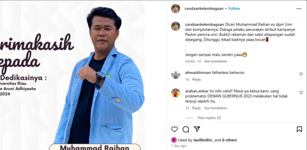 Salah satu unggahan @candaankelembagaan perihal dugaan Raihan sebagai pelaku perusak alat kampanye/Dok. Najha Nabilla BM 