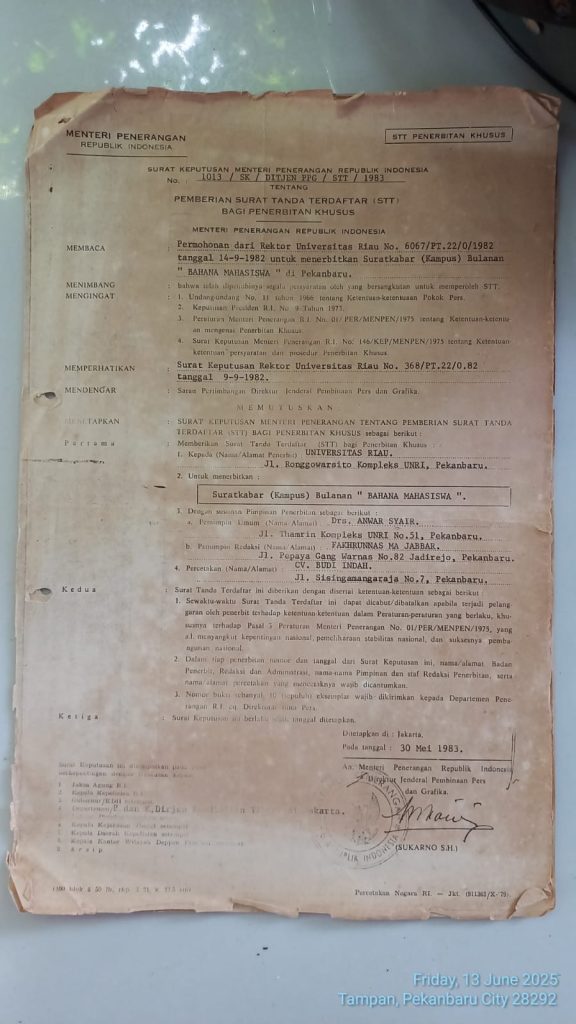 Surat Tanda Terdaftar (STT) Nomor 1013/SK/DirjenPPG/STT/1983/Dok. Pribadi Said Suhil Ahmad